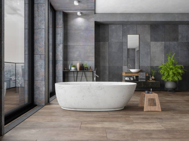 Bathroom tile dark flooring with bath tub | LA Carpet Warehouse, Inc
